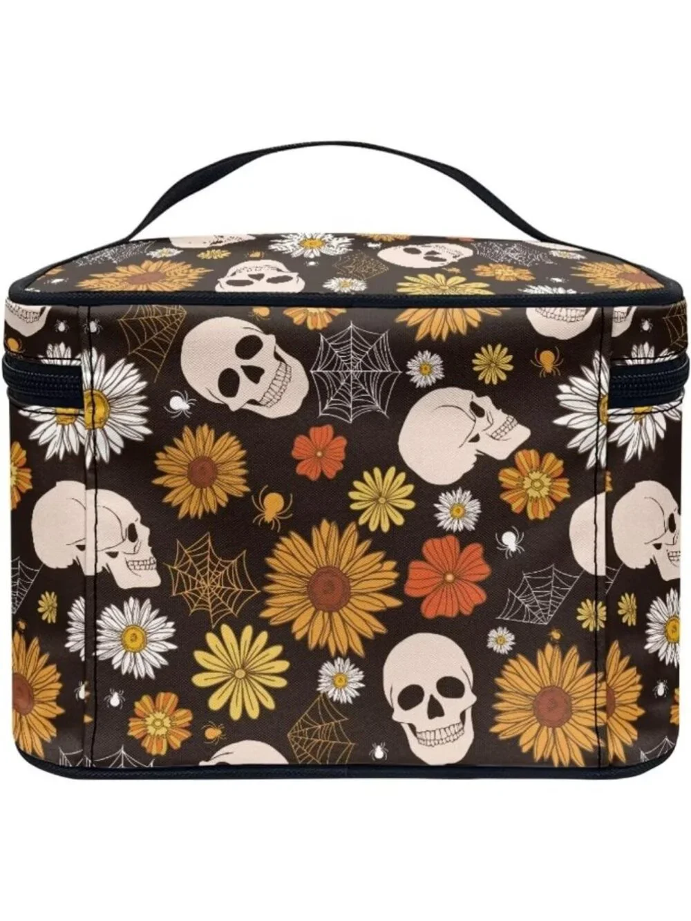 Gothic Floral Skull Makeup Bag - Large Capacity Travel Cosmetic Tote with Zipper